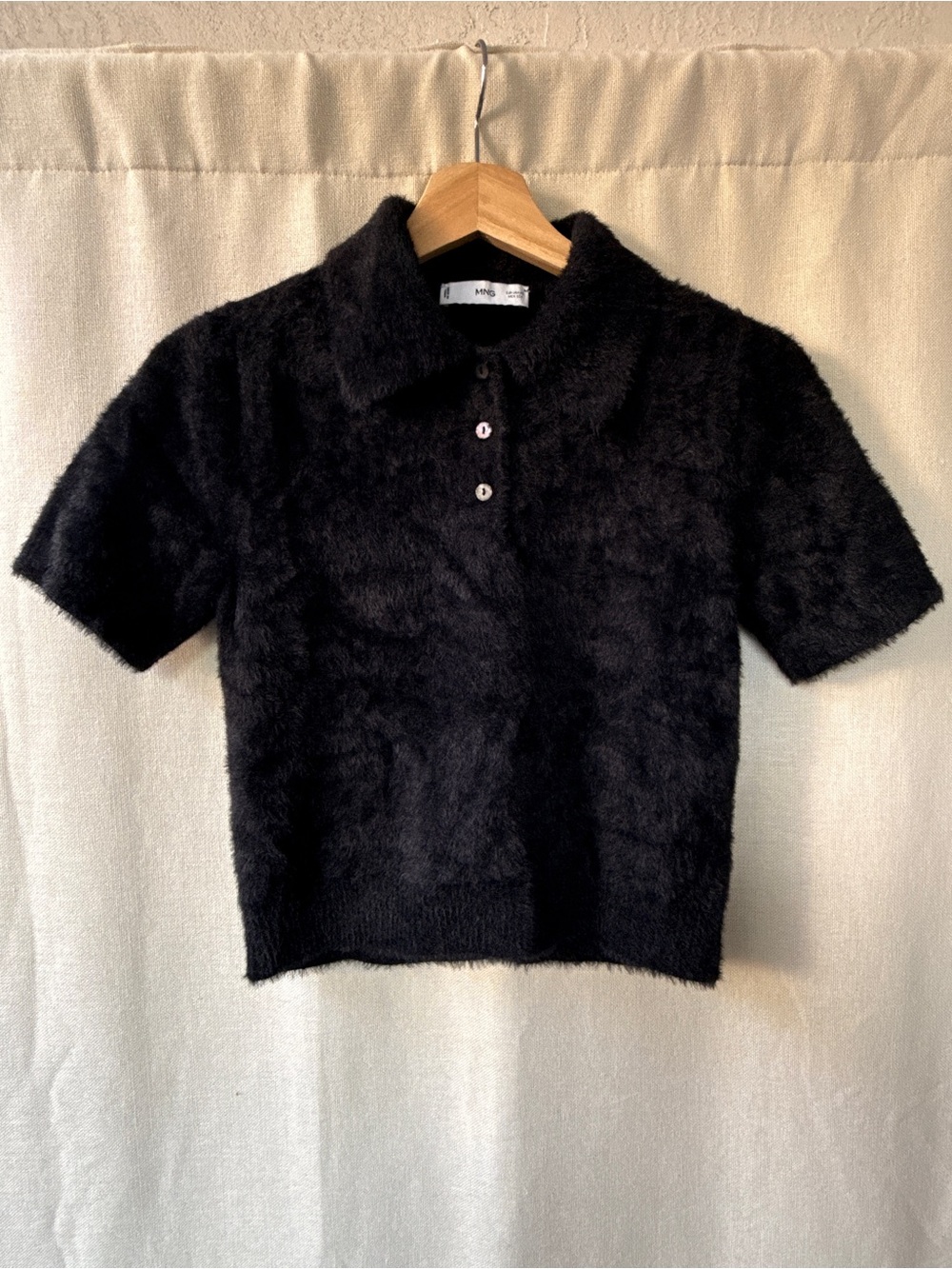 Mango Black Short Sleeve Fuzzy Polo Top